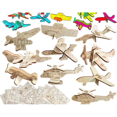 12er-Pack Kinder Holzflugzeug Puzzle Set Kreatives Bastelset , Holzmodell in verschiedenen Farben
